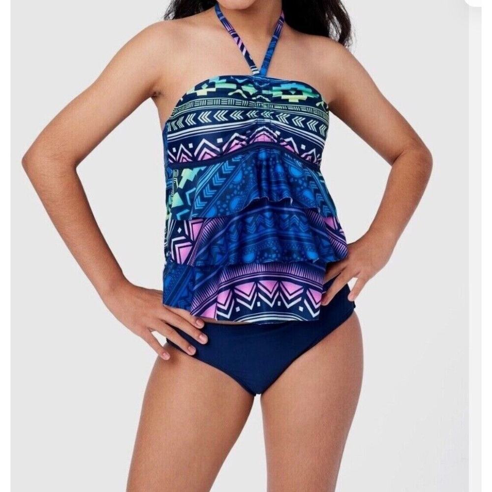 JUSTICE Size 7/8 Girls SWIMSUIT Tankini Ruffle Halter Swim Suit Cupcake Blue Q24